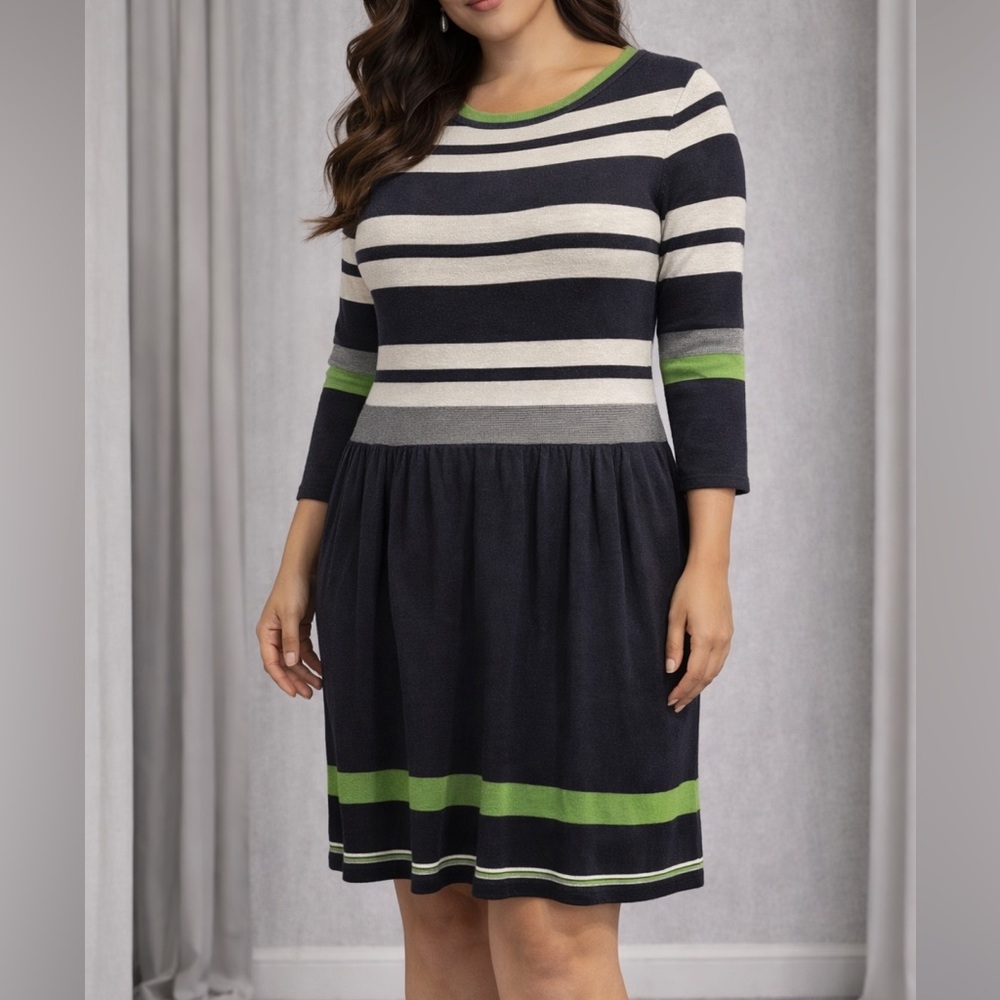 Vince Camuto Navy, Cream & Green Striped Long Sleeve Knit Dress